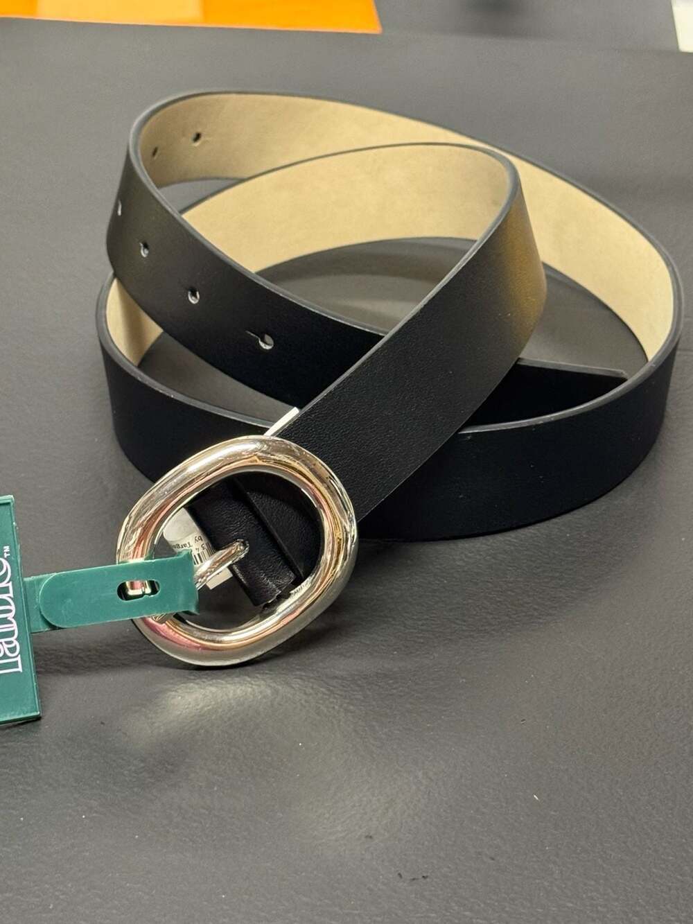 WB58 Size Large Wild Fable Black Faux Leather Belt Silver Oval Buckle NWT